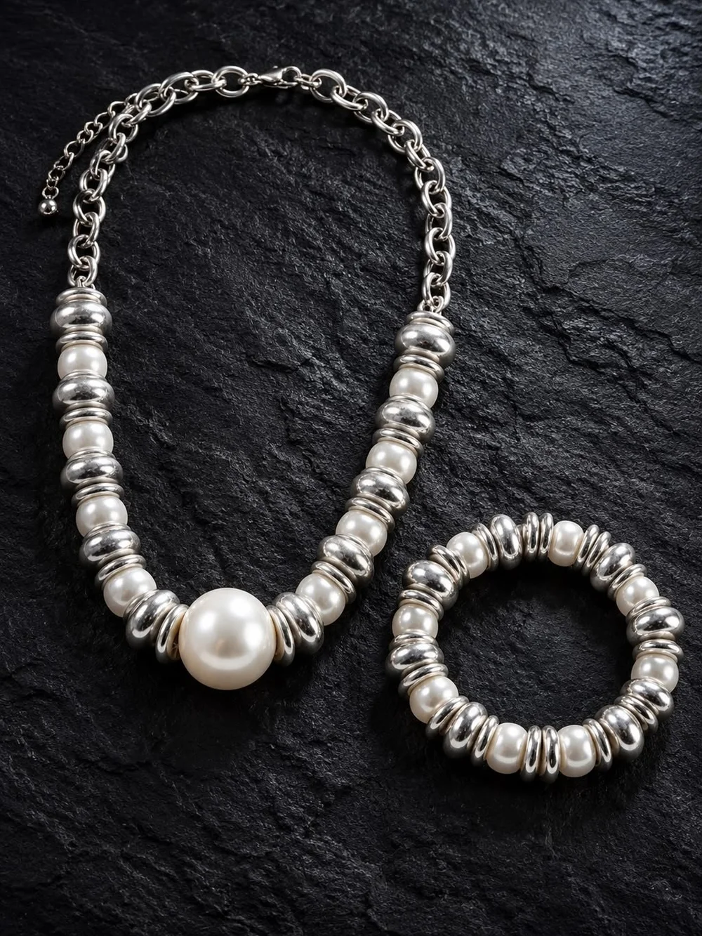 Silver Pearl Beaded Necklace and Bracelet Set